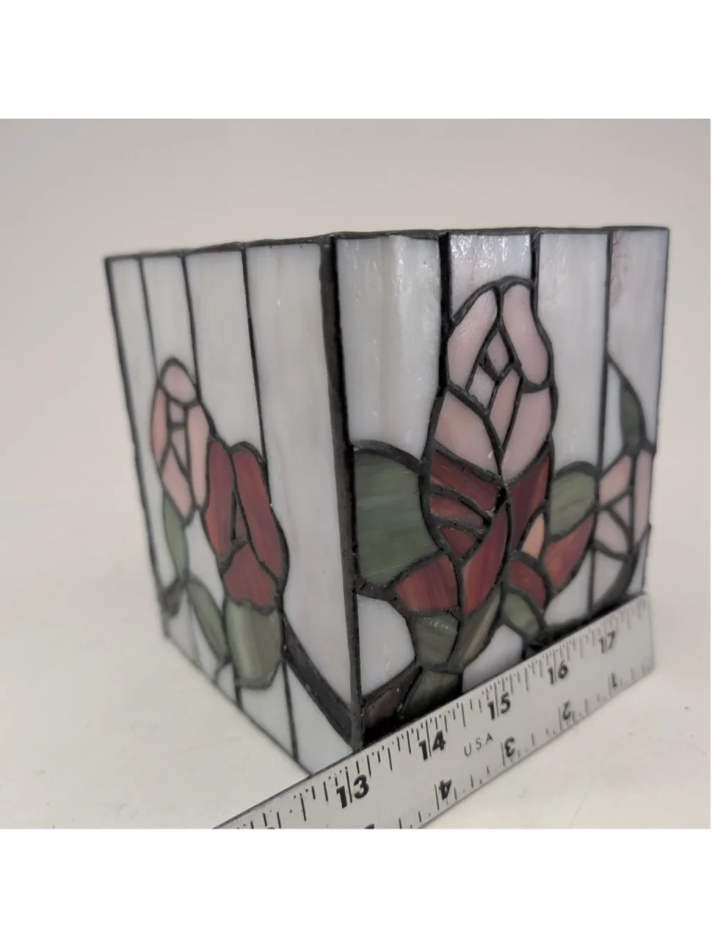 Stained glass floral rose square tissue box holder